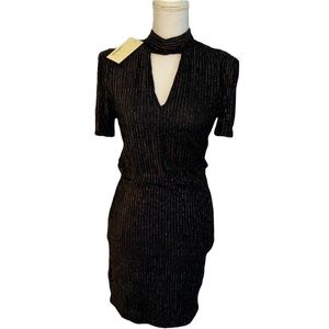 Black Knit Keyhole Sheath Dress with Metallic Thread